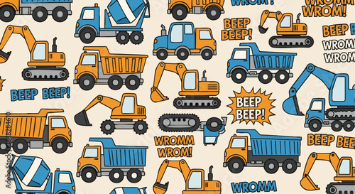 Seamless Pattern of Cartoon Construction Vehicles and Sound Effects for Children's Designs.