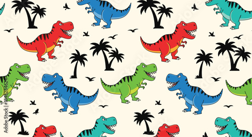 Seamless pattern of cartoon dinosaurs and palm trees for fun children's designs.