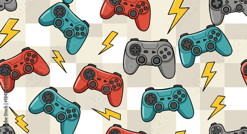 Seamless pattern of colorful gamepads and lightning bolts, perfect for gaming-themed designs.