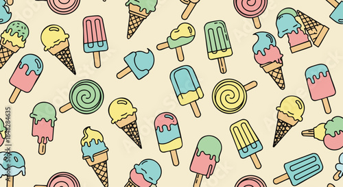 Seamless Pattern of Colorful Ice Cream and Popsicles, a Delicious Summer Treat Design.