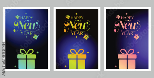 Neon Gradient Happy New Year Greeting Card Set with Gift Box Illustrations on Dark Background