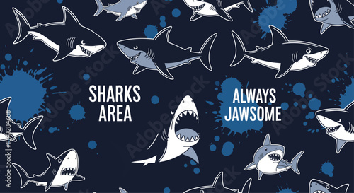 Seamless Pattern of Cute Cartoon Sharks and Water Splashes for Kids.