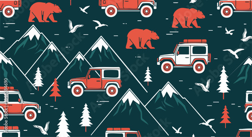 Seamless pattern of off-road vehicles, mountains, bears, trees and birds, ideal for adventure and travel themes.