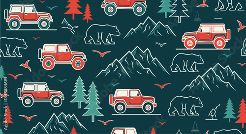 Seamless pattern of red off-road vehicles, bears, mountains, and trees, perfect for outdoor adventure themes.