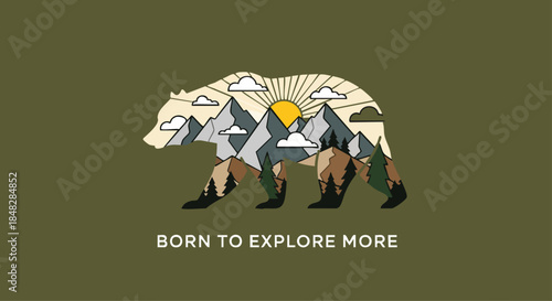 Stylized Bear Silhouette Fills with Mountain Landscape and Sun, Inspiring Adventure.
