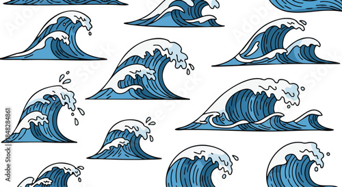 Stylized Ocean Waves Seamless Pattern - Marine Blue and White Graphic.