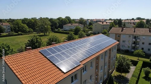 Wallpaper Mural An expansive aerial view captures a modern residential building featuring an extensive array of photovoltaic solar panels prominently installed on its terracotta tiled roof. The scene unfolds on a bri Torontodigital.ca