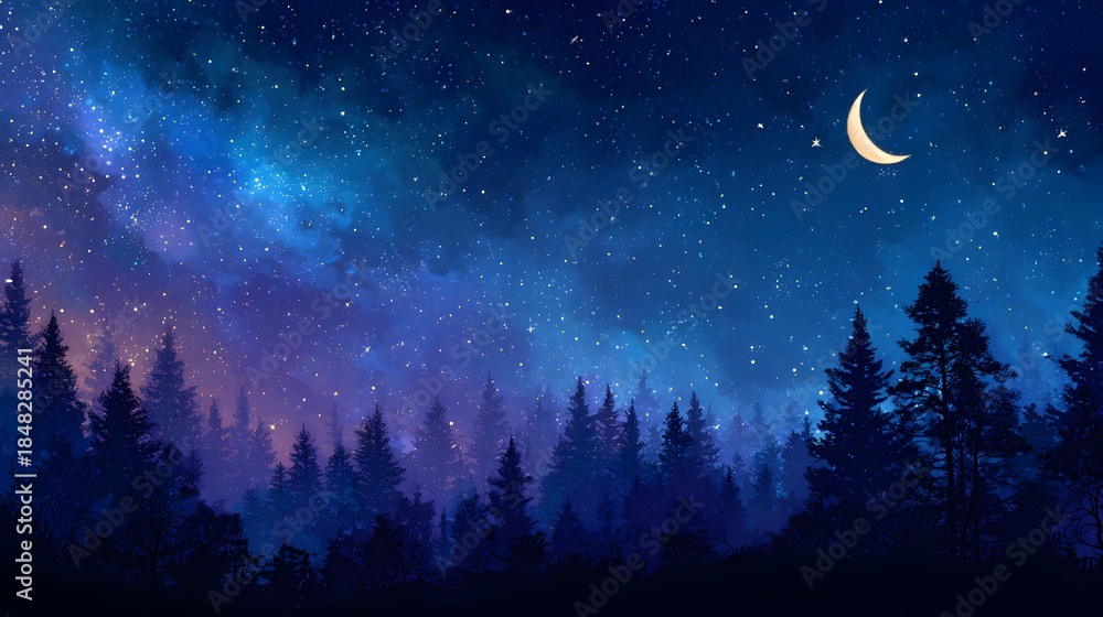 Fototapeta premium Enchanting Night Sky Over a Dark Forest Silhouette.