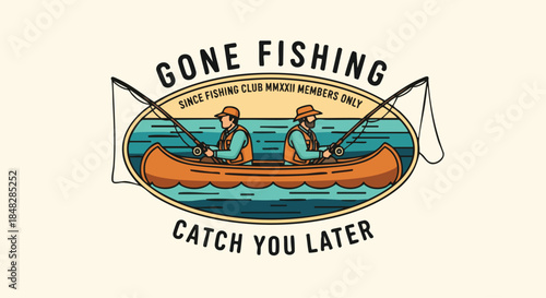 Vintage Gone Fishing Illustration: Two Men in a Canoe, Iconic Outdoor Hobby Graphic.