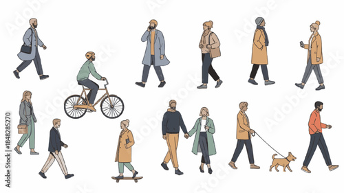 Editorial Flat Illustration of Diverse Urban People in Everyday Life Activities with White Background and Modern Aesthetic
