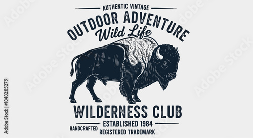 Vintage Outdoor Adventure Bison Emblem for Wilderness Club, Handcrafted Design.