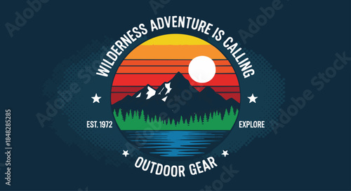 Vintage Outdoor Gear Logo with Mountain Landscape and "Wilderness Adventure is Calling" Text.