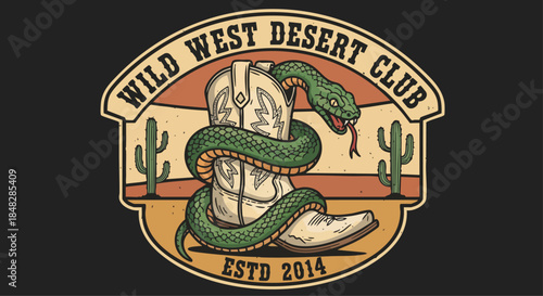 Wild West Desert Club Emblem with Cowboy Boot and Rattlesnake Graphic.
