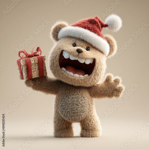 Cherubic bear cub bringing joy in a festive santa hat setting. Branding asset. A cute bear cub with santa hat and gift box in christmas card style. Advertising photo. Product showcase.