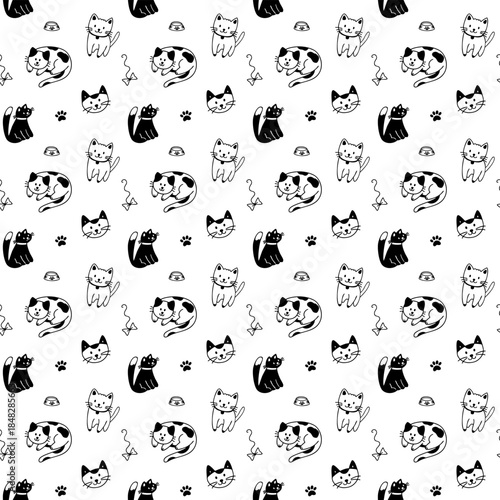 Seamless hand drawn pet pattern with cute cats and pet accessories. Black and white vector background