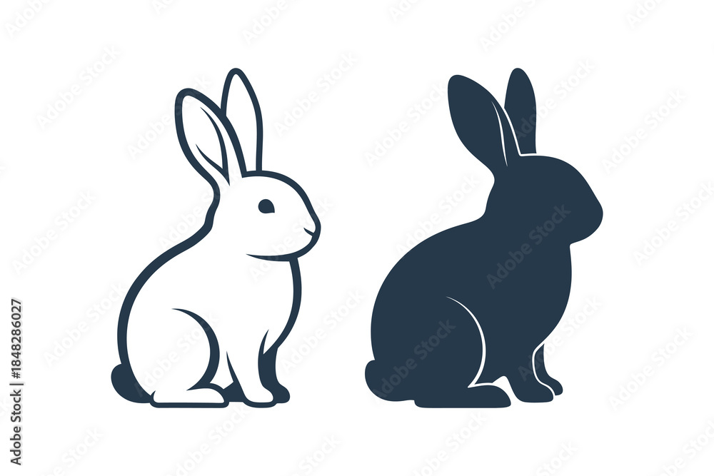 Obraz premium Modern graphic design element featuring two distinct rabbit illustrations a clean line art outline and a bold solid silhouette, ideal for logos or icons in a minimalist style for various projects