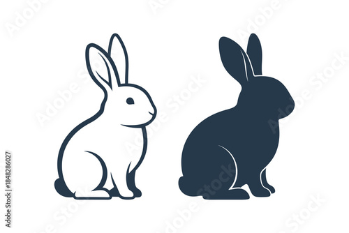 Modern graphic design element featuring two distinct rabbit illustrations a clean line art outline and a bold solid silhouette, ideal for logos or icons in a minimalist style for various projects
