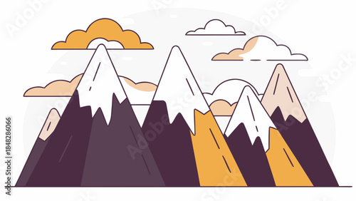 Flat Vector Illustration of Snow Capped Mountains with Clouds