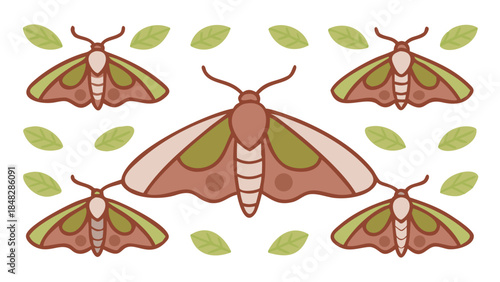 Symmetrical composition of moth insects and green leaves on white background