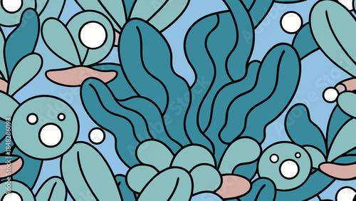  Seamless pattern of stylized underwater seaweed and coral in flat doodle style