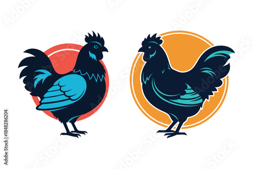 Vibrant graphic illustration of two stylized roosters, a modern design featuring poultry art for farm-themed branding or decorative elements, perfect for logos or mascots