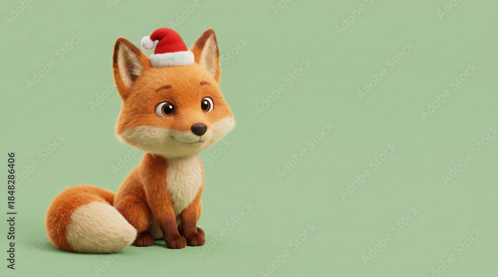 Obraz premium Cute fox character wearing a santa hat and sitting on a light green background, creating a festive holiday greeting with space for custom text or design