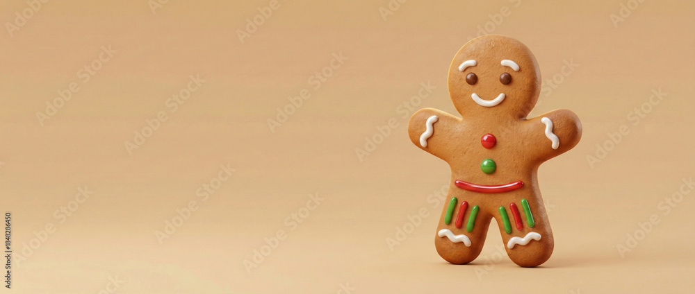 Obraz premium Gingerbread man cookie character standing smiling, presenting festive holiday season greetings, sweet christmas dessert treat, space for copy