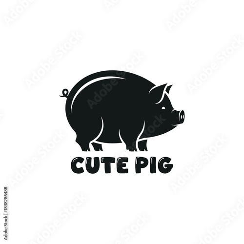 Charming black silhouette illustration of a plump, friendly pig with a delightful smile, perfect for animal-themed designs, farm concepts, and cute branding elements