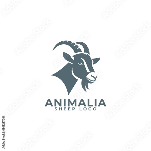 Stylized grey illustration of a majestic goat head with large curved horns, ideal for a powerful animal-themed logo or modern branding