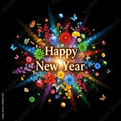 Vibrant Explosion of Flowers and Butterflies Celebrating Happy New Year