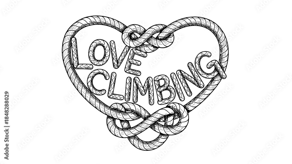 Fototapeta premium Hand Drawn Love Climbing Rope Heart Illustration, Monochrome Sketch, Mountaineering Passion Logo, Climber Heart Design for Rock Climbing Enthusiasts, Outdoor Adventure Symbol,
