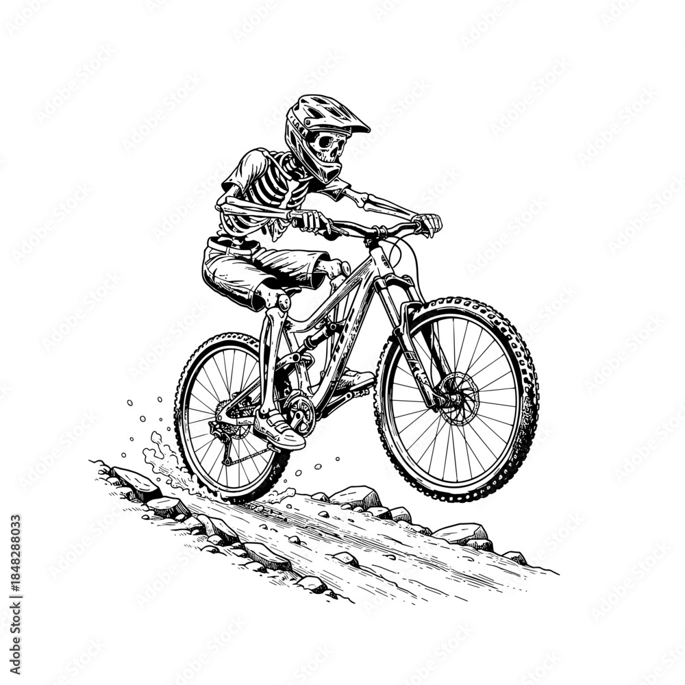 Naklejka premium Skeleton Mountain Biker in full face helmet Riding on the wheel for Extreme Cycling Apparel Design, Sports Club Branding, Social Media Graphics, and Thrill Ride Concepts