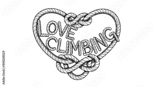 Hand Drawn Love Climbing Rope Heart Illustration, Monochrome Sketch, Mountaineering Passion Logo, Climber Heart Design for Rock Climbing Enthusiasts, Outdoor Adventure Symbol,