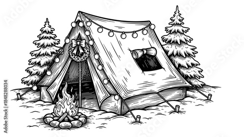 Monochrome Line Art Christmas Camping Tent Illustration with Festive Decorations and Campfire, symbolizing Holiday Nature Escape for Winter Event Posters, Greeting Cards, and Apparel Design