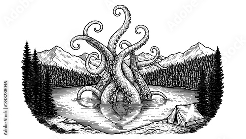 Tentacles emerging from a mysterious lake, detailed monochromatic illustration of cosmic horror camping for dark fantasy books, album art, and game design projects.