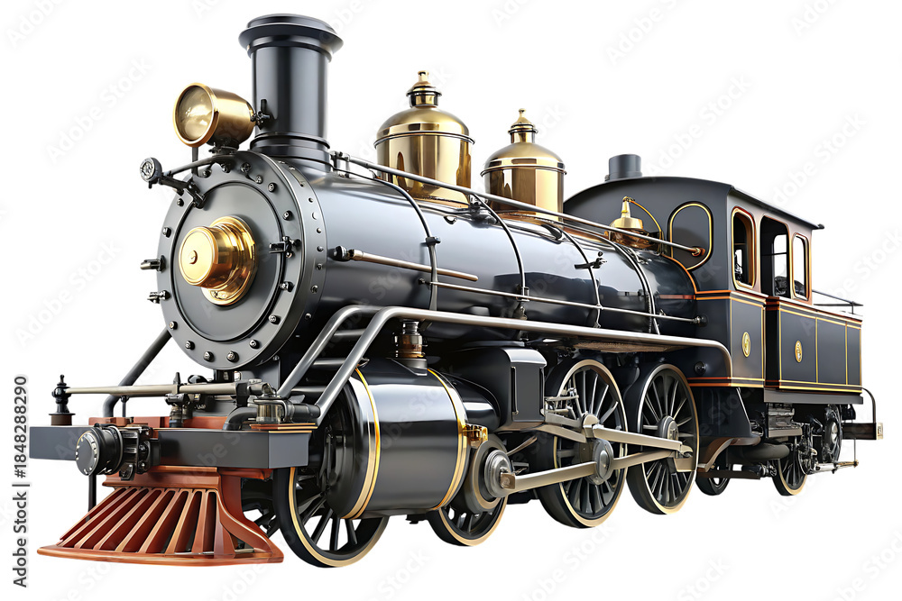 Obraz premium Classic black steam locomotive, with gold accents, cutout, PNG isolated on white or transparent background