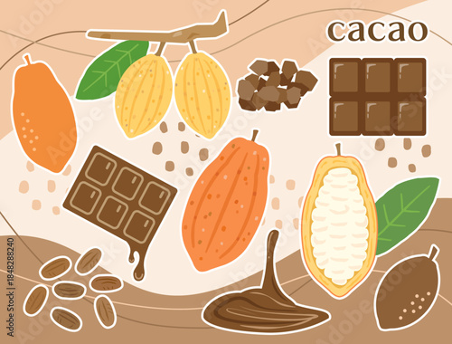 バレンタインなどに使えるカカオの実とチョコレートのイラストのセット　白フチつきバージョン