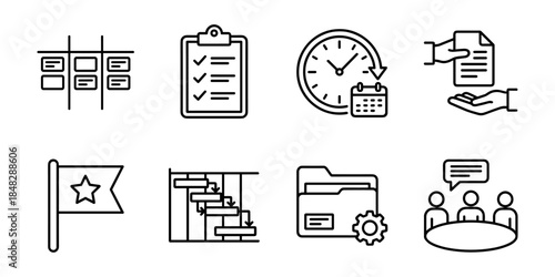 Project management line icons set, workflow checklist deadline meeting