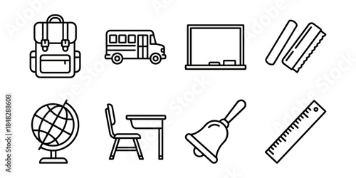 School supplies line icons set, backpack bus blackboard globe