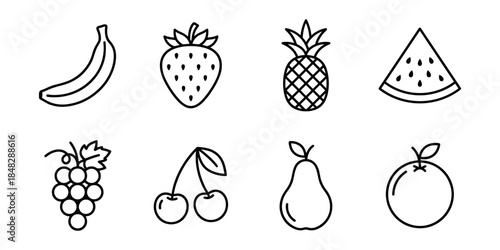Fresh fruits line icons set, banana strawberry pineapple watermelon