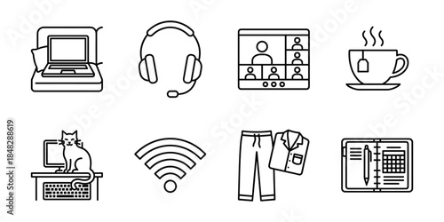 Remote work line icons set, home office laptop headset wifi