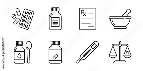 Pharmacy medicine line icons set, pills bottles prescription thermometer