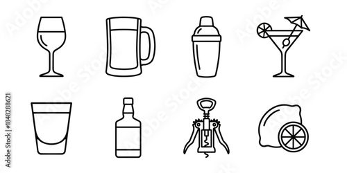 Alcoholic drinks line icons set, wine glass beer mug cocktail