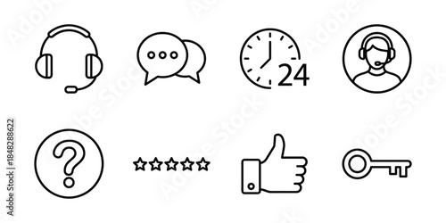 Customer support line icons set, call center chat rating key