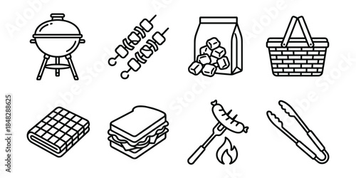 Barbecue picnic line icons set, grill skewers basket sausage