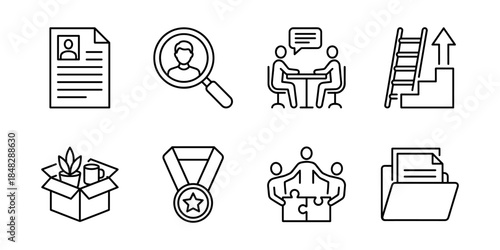 Human resources line icons set, cv interview career team