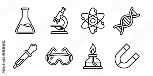 Science laboratory line icons set, flask microscope atom dna
