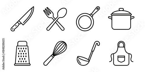 Kitchen utensils line icons set, knife pan whisk apron