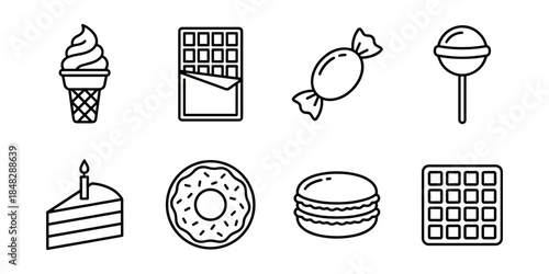 Sweet desserts line icons set, ice cream chocolate cake donut