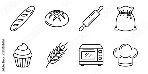 Bakery products line icons set, bread rolling pin cupcake oven